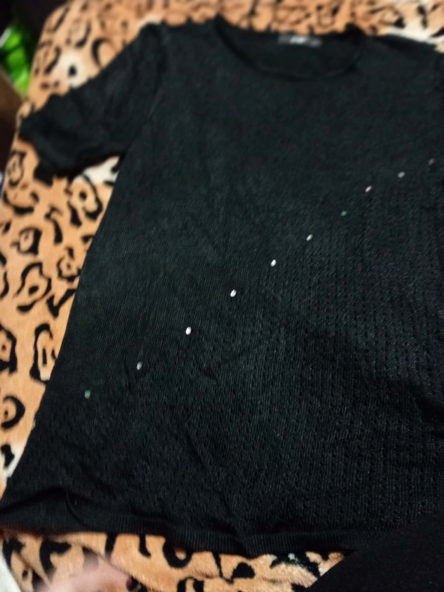 Black Textured Short-Sleeve Top with Subtle Dot Detail
