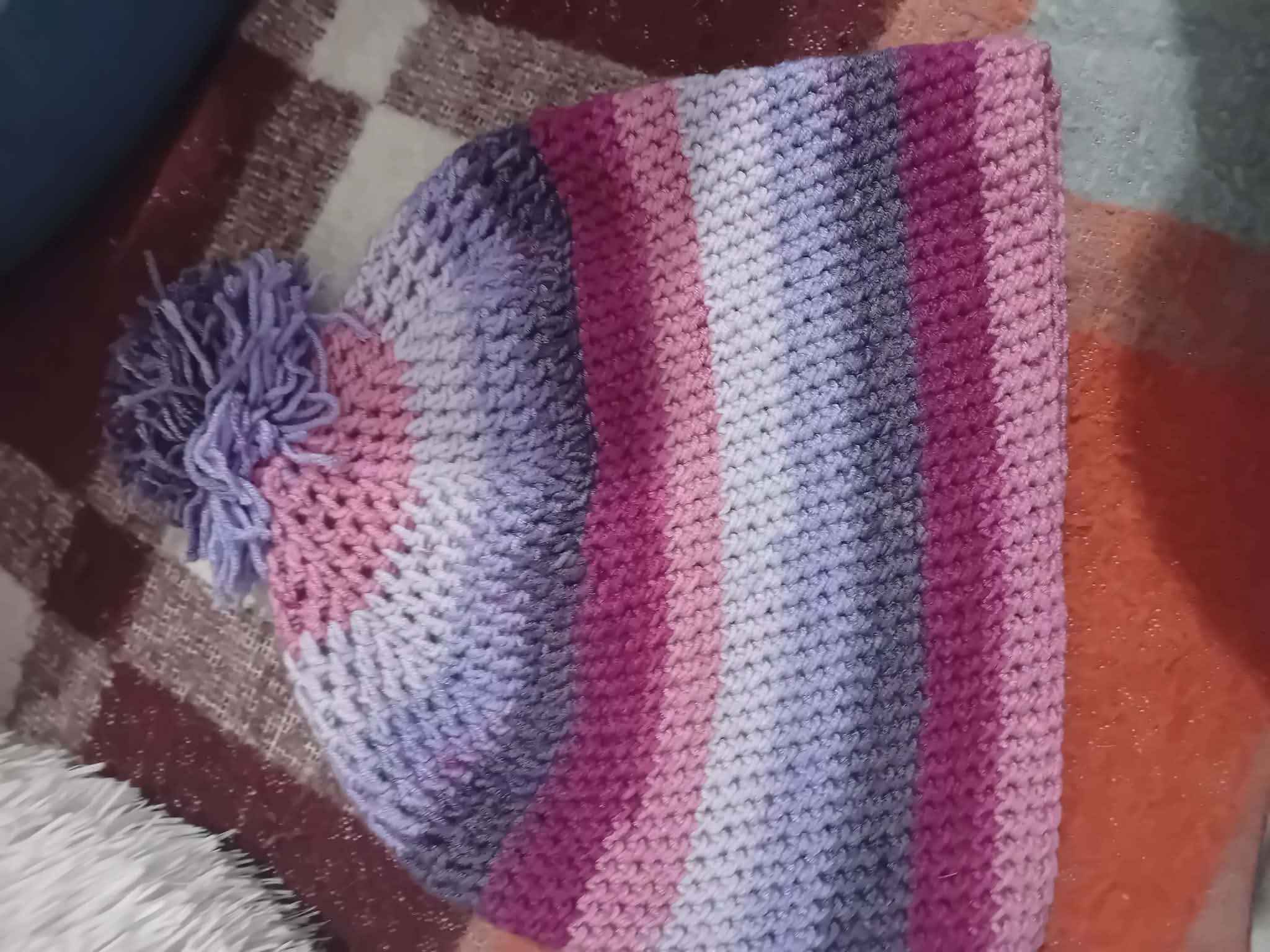 Striped Pom-Pom Beanie – Handmade in Purple Hues