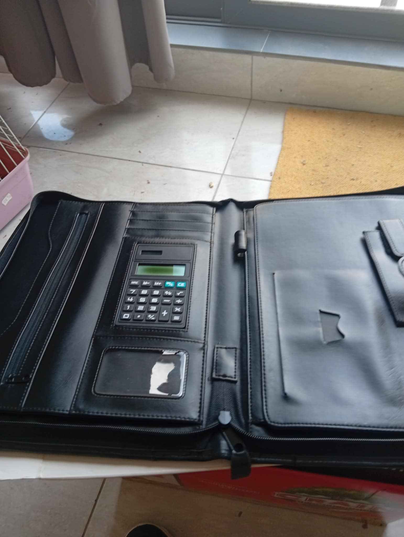 Black Leather Business Portfolio with Built‑In Calculator