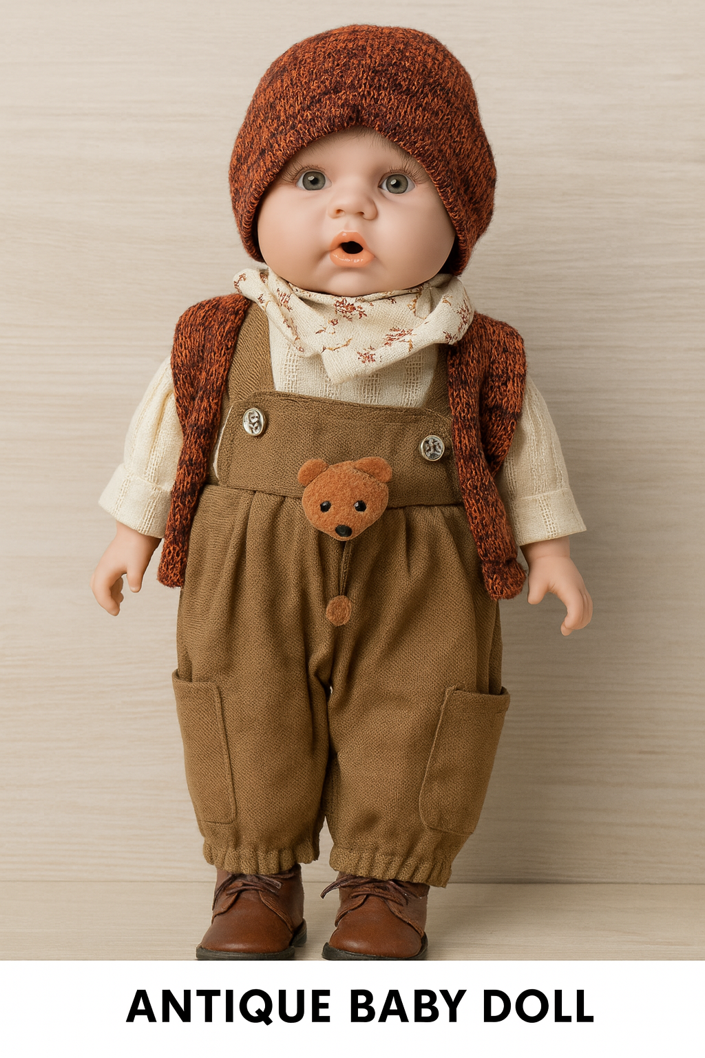Vintage Porcelain Doll – Red Knit &Teddy Bear Charm Edition