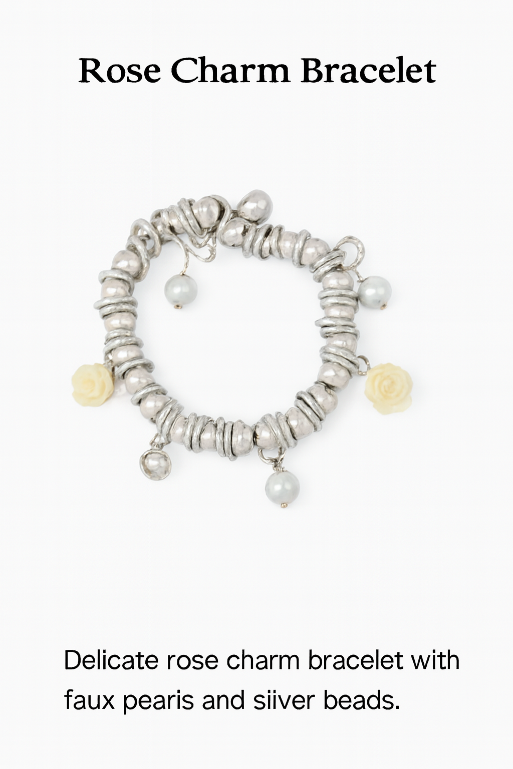 Silver Rose Charm Bracelet with Faux Pearls