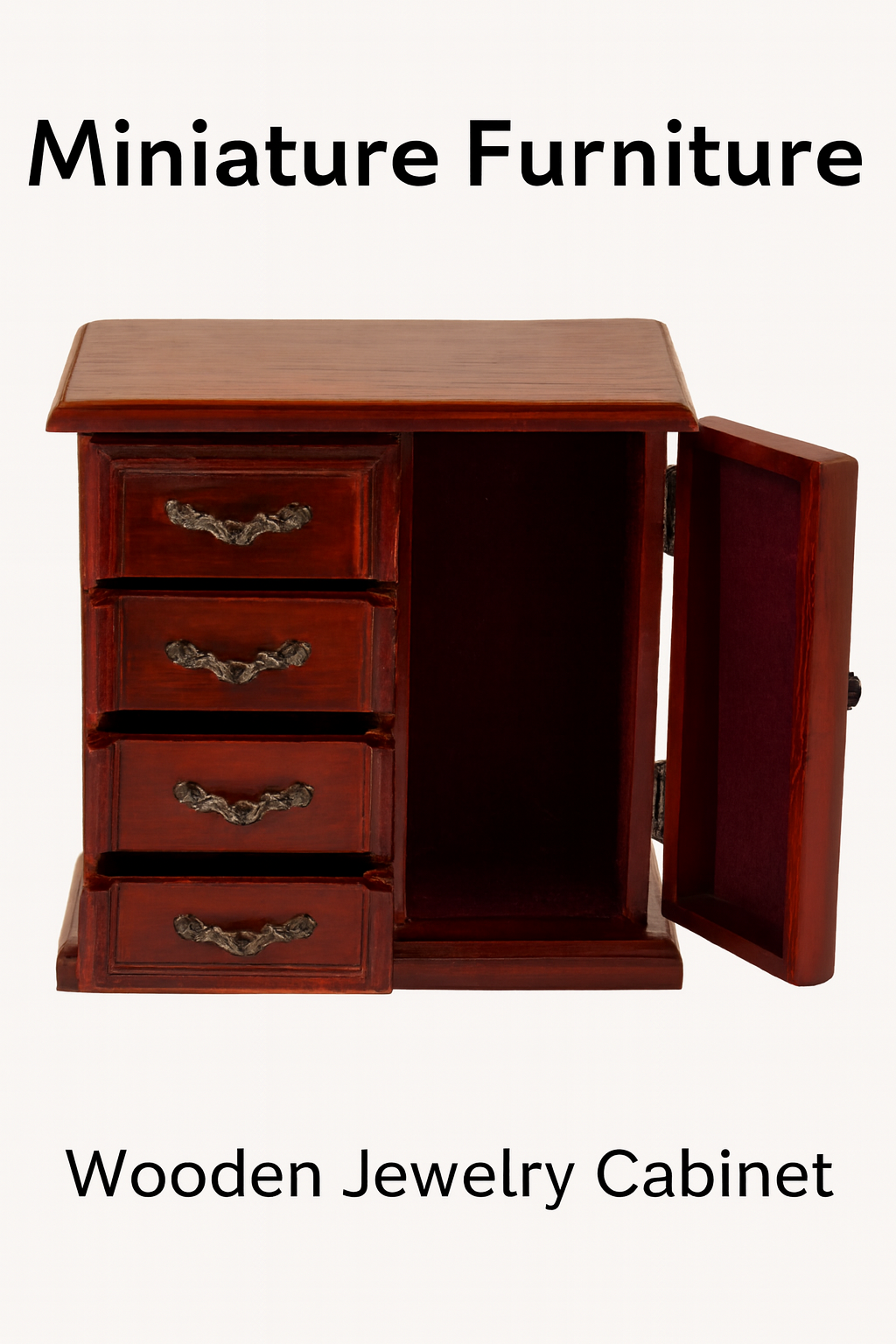 Vintage Miniature Wooden Cabinet – 4 Drawers & Side Compartment