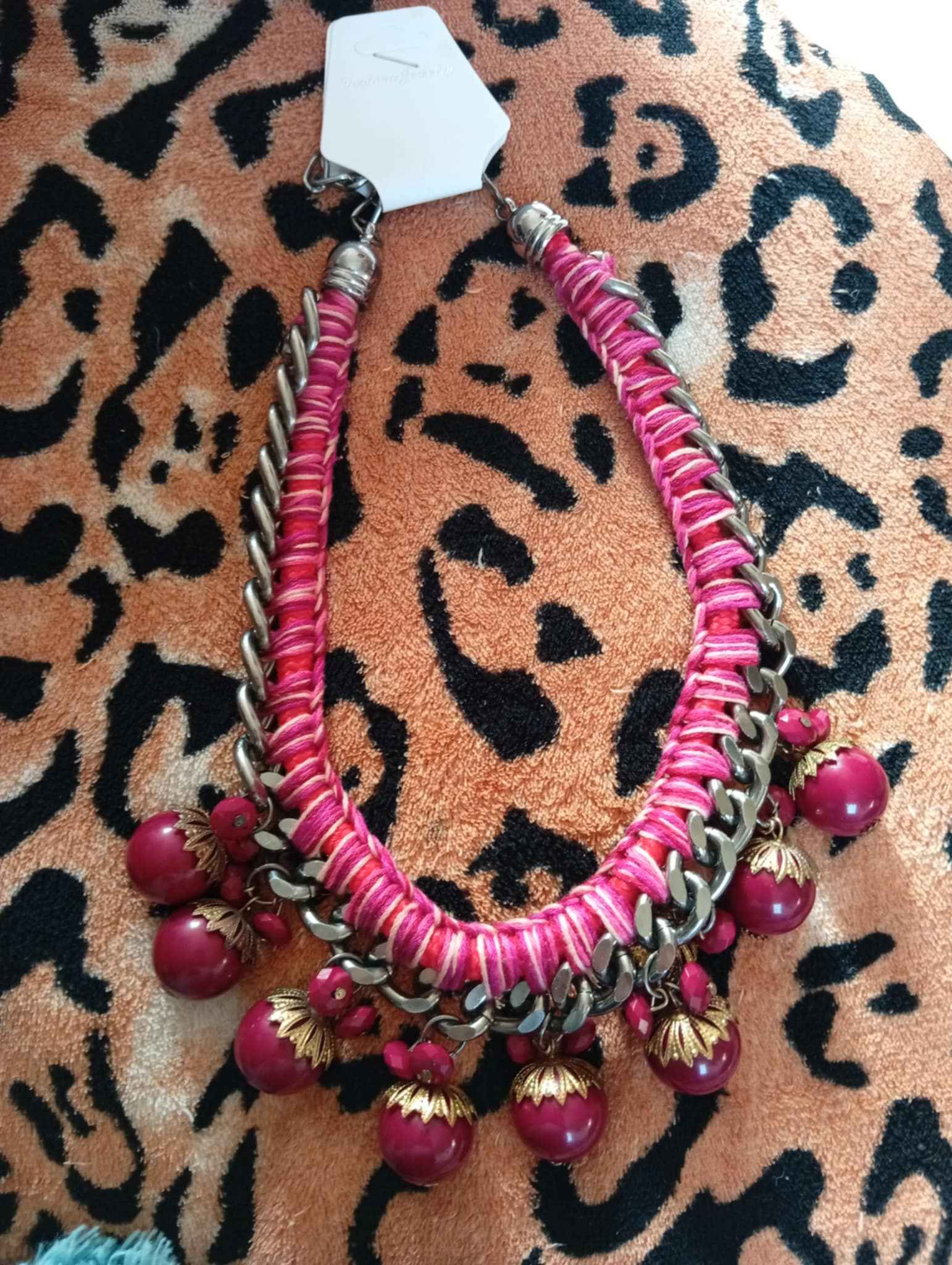 Handcrafted Pink Thread Chain Necklace with Red Bead Charms