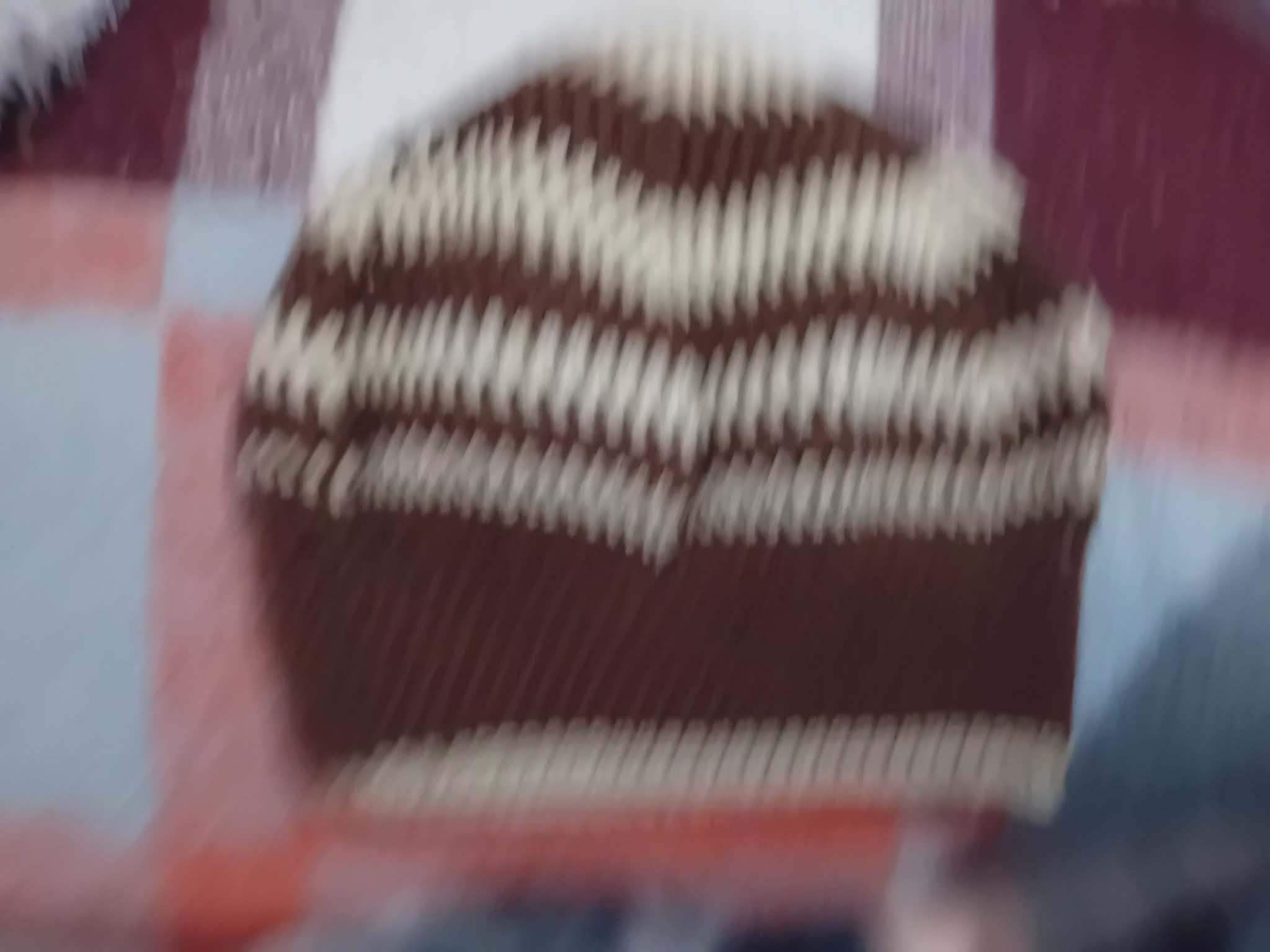 “Hand-Knit Beanie – Brown & White Striped Cozy Cap”
